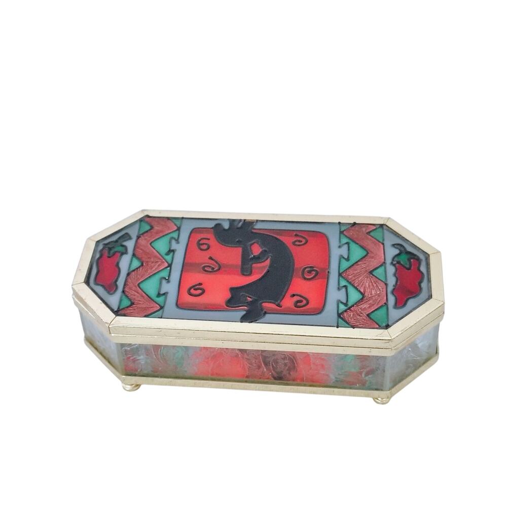 Vintage Kokopeli Native American Art Stained Glass Gold Hinge Trinket Box Mirror